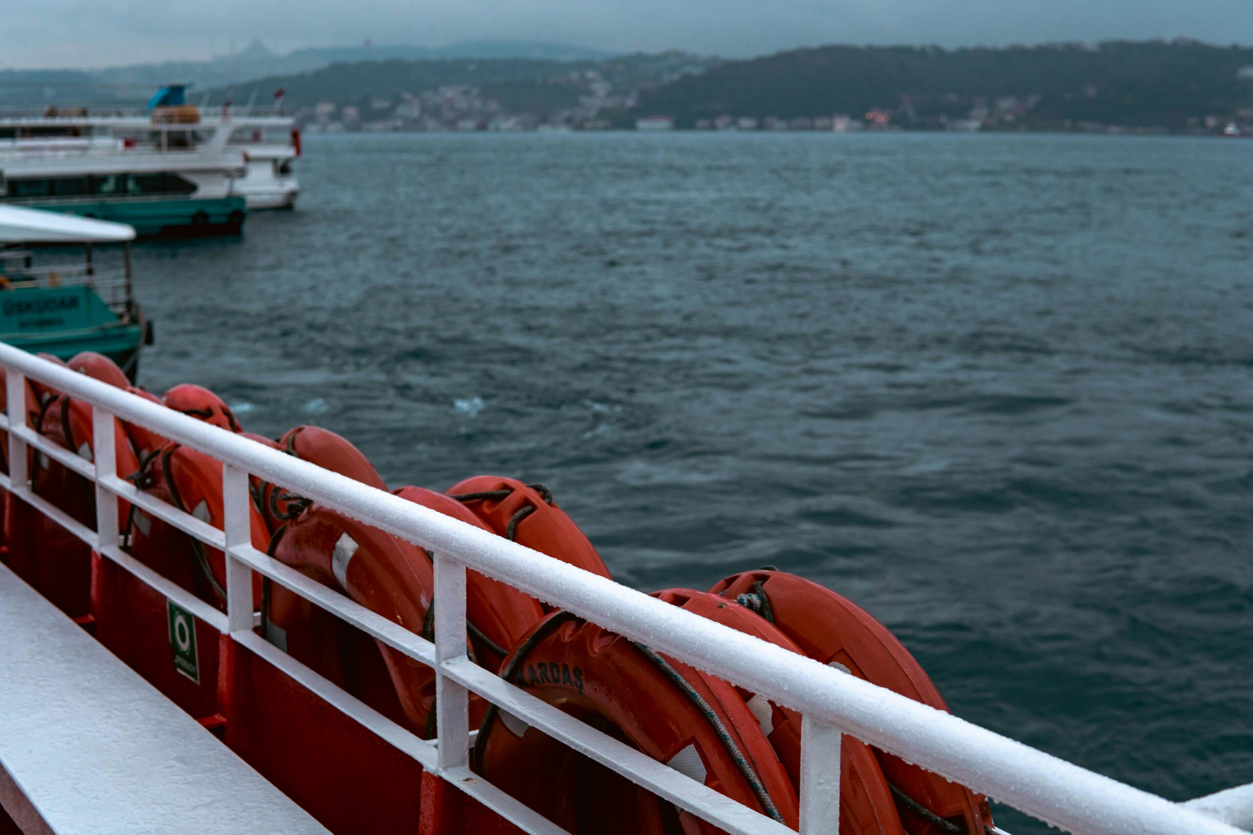 boat deck with lifebuoys overlooking a cloudy seascape, emphasizing safety and maritime travel.