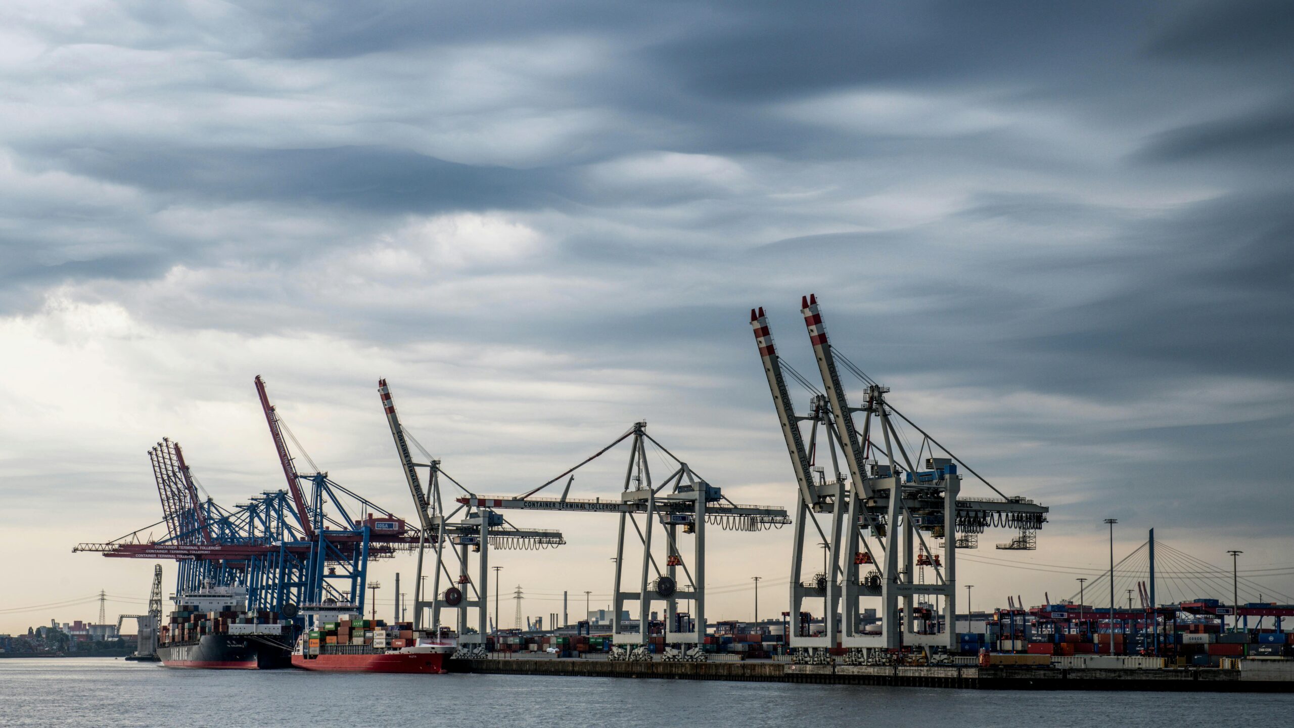 panoramic view of shipping cranes and containers in hamburg's busy harbor.