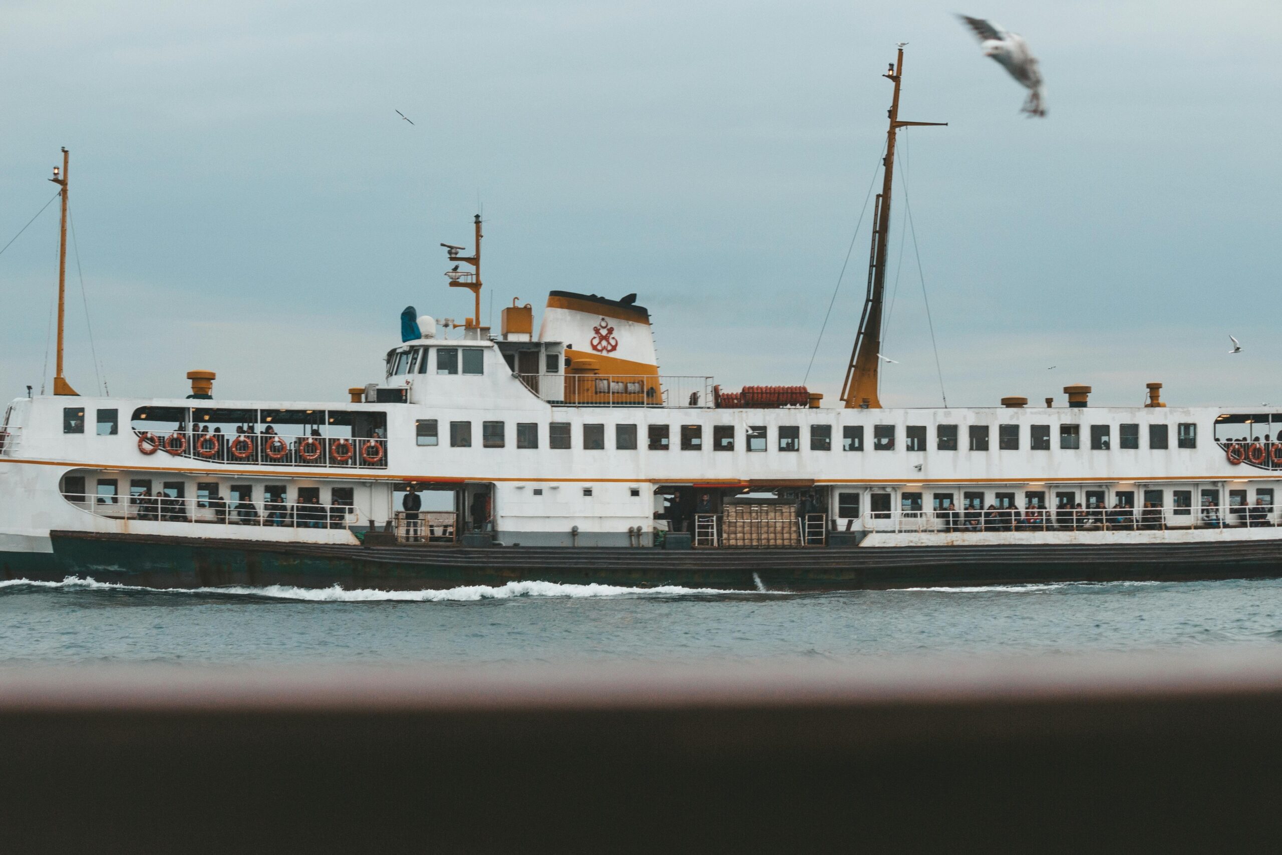 a scenic view of a ferry cruising across the water on a clear day, showcasing a popular mode of transportation.